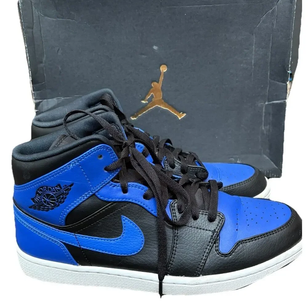 Nike Air Jordan 1 Mid Black Royal Tumbled Leather Mens 10 Shoes 554724-077 Box